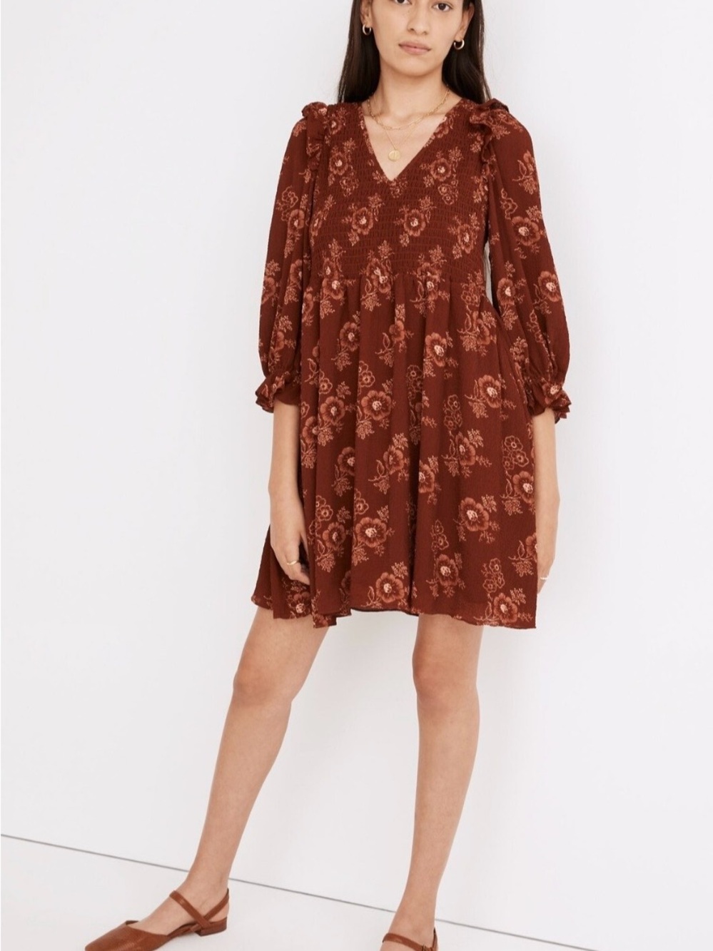 Madewell Rust Floral Smocked V‑Neck Babydoll Dress